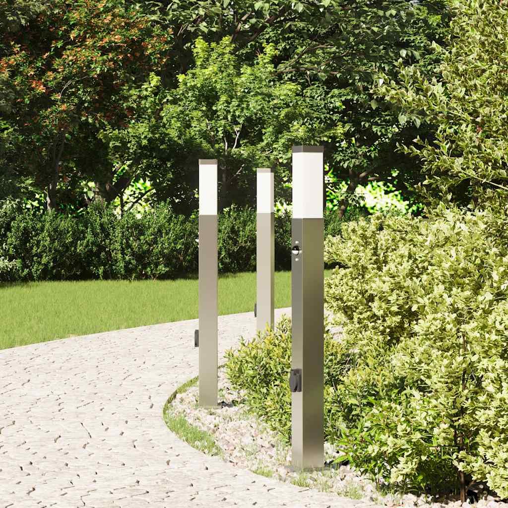 3 lampade a colonna da 80 cm, in acciaio inox, con sensore di movimento PIR e presa integrata IP44, per giardino, terrazza, vialetto, design moderno