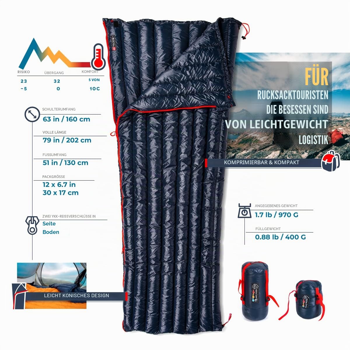 ZOOOBELIVES Alplive T400 Ultraleichter Daunenschlafsack für Rucksackreisen, 800 ml, ultrakompakt, 650 Füllkraft, Umschlagschlafsack für Wandern, Camping und Hinterland, leicht und komprimierbar