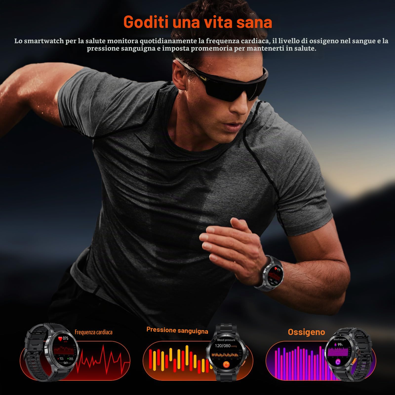 Smartwatch Uomo con ET/HRV/SIRI, 1,43" AMOLED con Chiamate Bluetooth Militare Orologio Intelligente Fitness/24H Cardiofrequenzimetro SPO2/100+ Modalità Sport/IP68Impermeabile /Sonno/per iOS Android