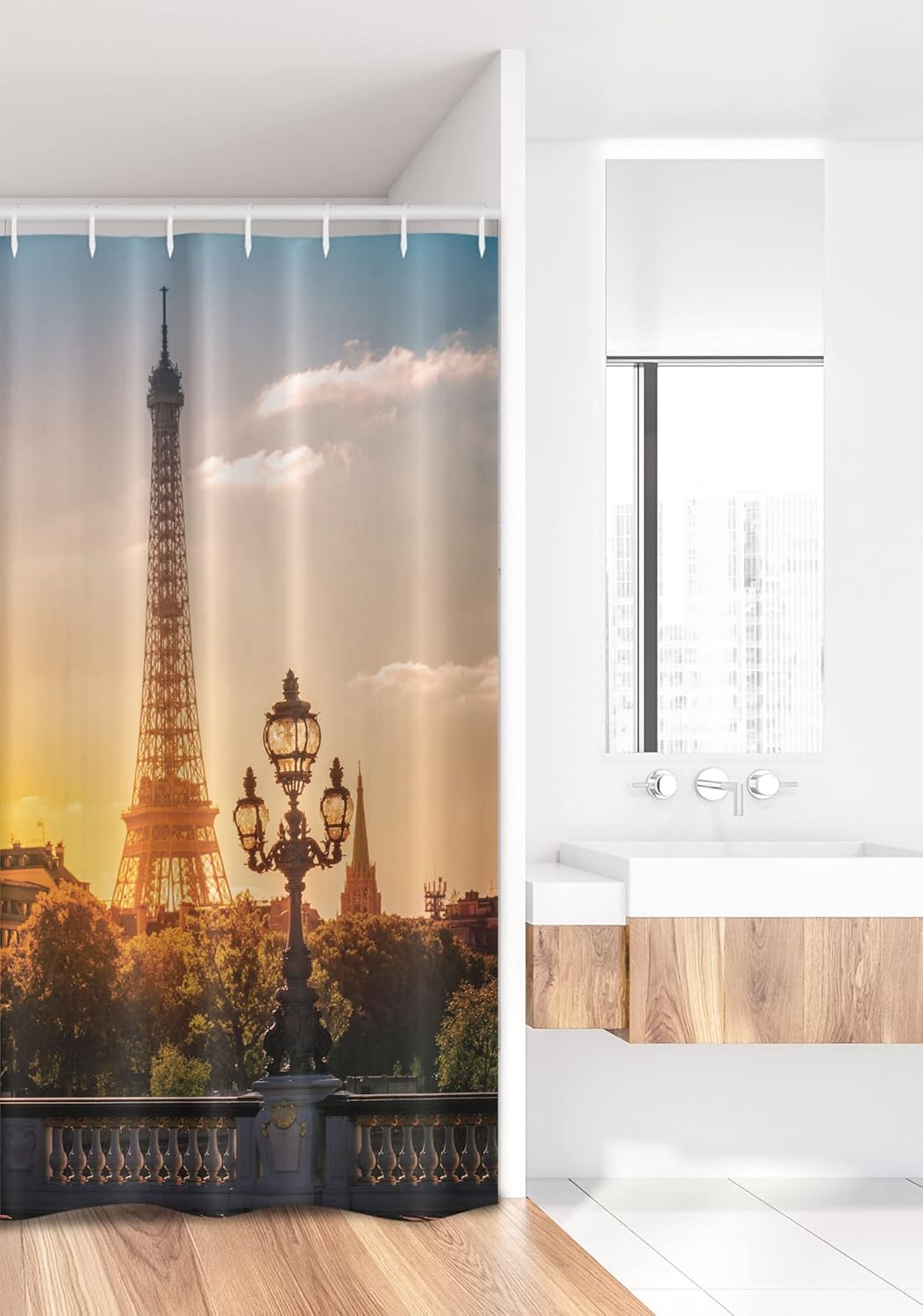 Ambesonne Scenery Stall Shower Curtain, Streets View on Alexandre Bridge Against Eiffel Tower in Paris, France Print, Fabric Bathroom Decor Set with Hooks, 36" W x 72" L, Multicolor
