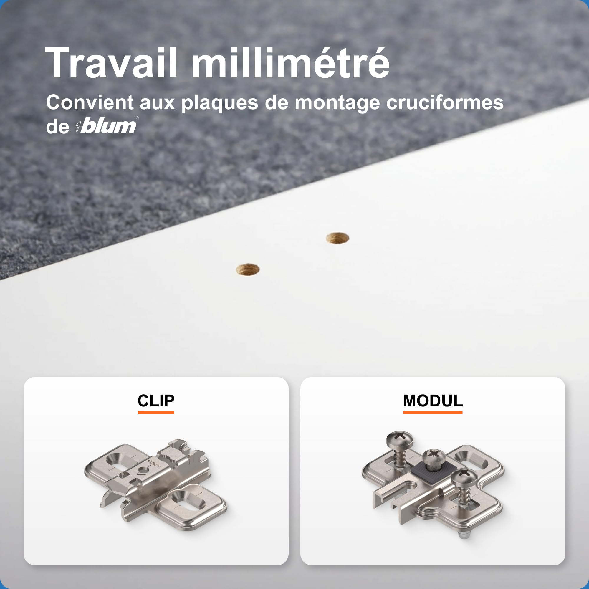 BLUM Jauge de perçage pour plaques de montage CLIP top BLUMOTION, CLIP top, MODUL, charnières d'armoires et de meubles, avec alésage de 5 mm, orange, plastique/acier