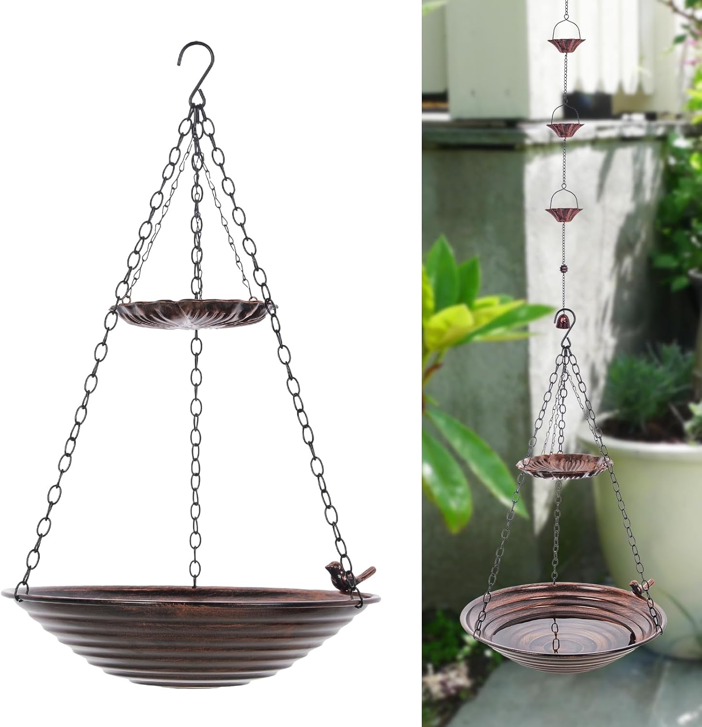 13 inch Rain Chain Basin, Metal Rain Chains Anchoring Bowl Dish, DIY Rain Chain Basin for Gutter Downspout, Copper Hanging Birdbath for Outdoor Garden Patio Decor