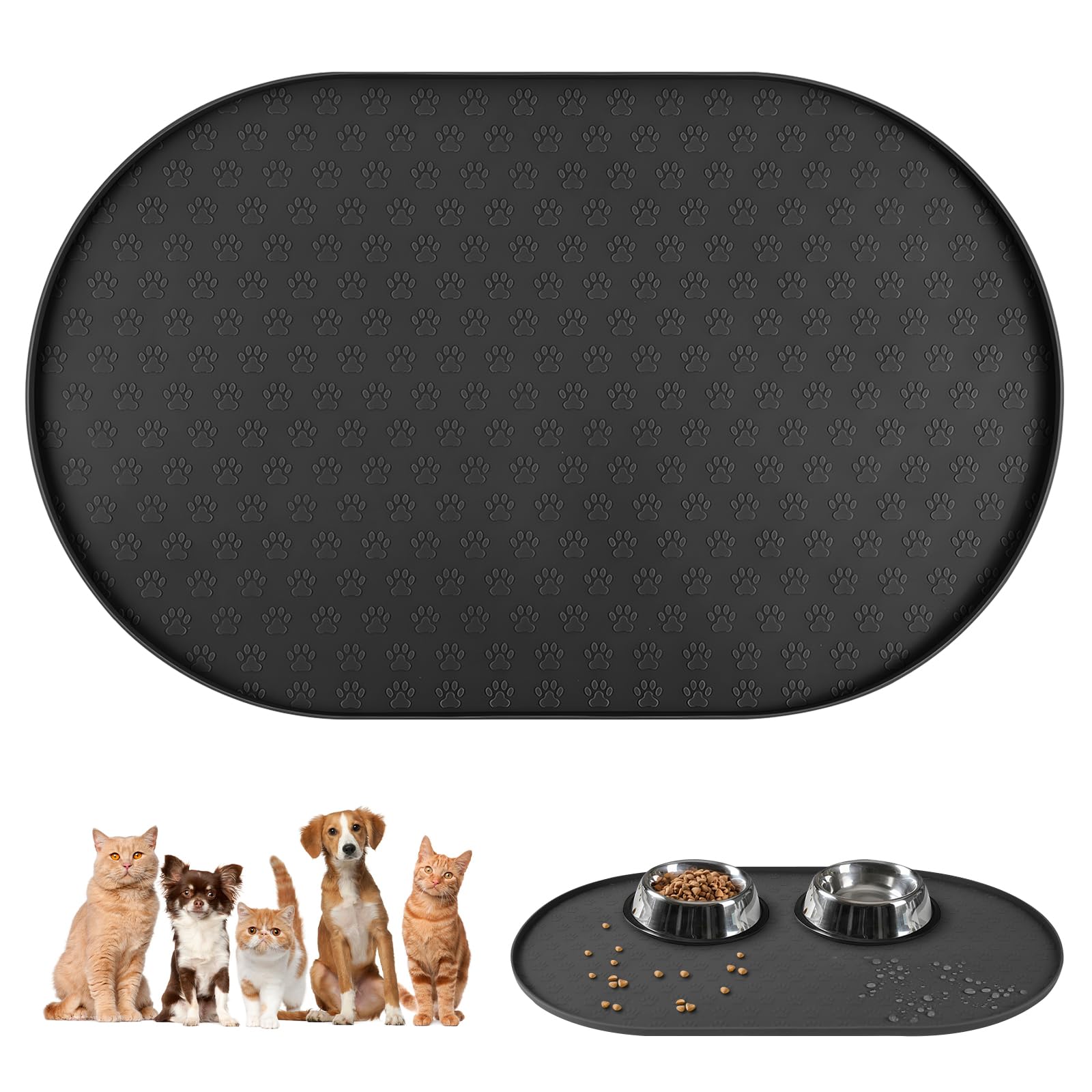 Adiwo Bowl Mat for Dog and Cat, 100% Waterproof Food Mat with 8MM Raised Edges, Premium Silicone with Footprints Pattern, Easy to Clean, Anti-Slip and Quick Dry, Protect Floors (48x30cm, Black)