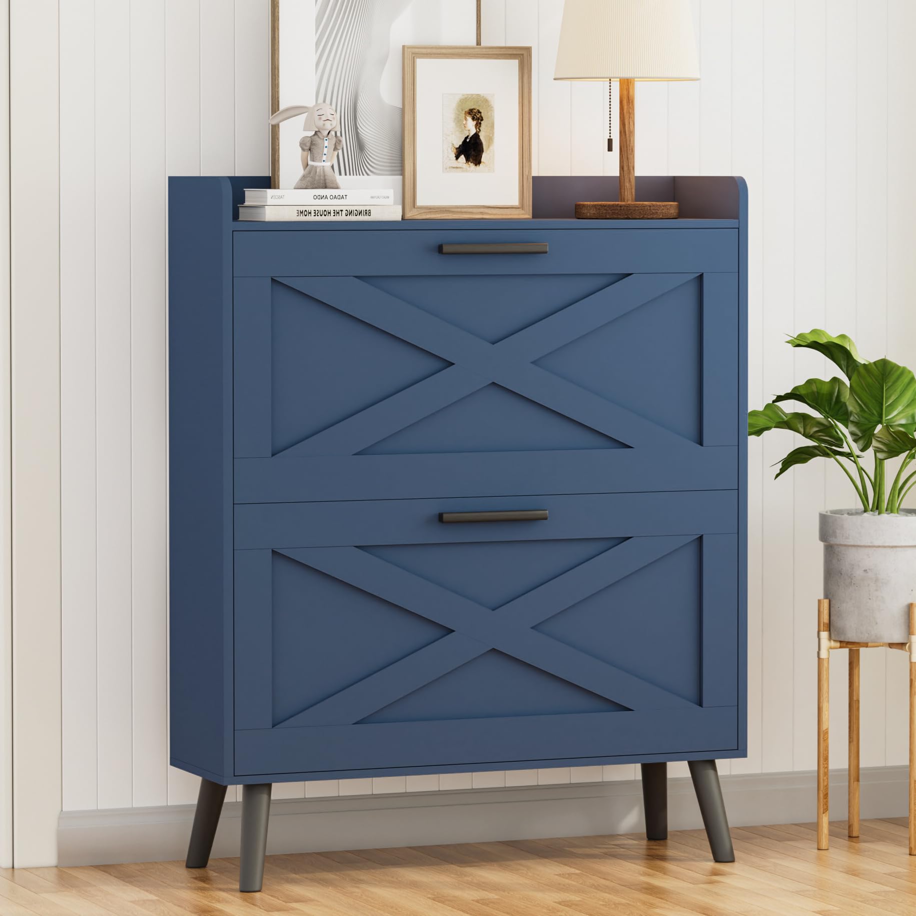Homleke 32 inch wide blue farmhouse shoe storage cabinet, closed view