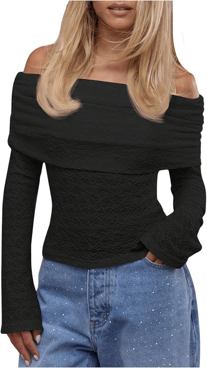 MAKEMECHIC Women's Off The Shoulder Shirt Ruched Long Sleeve Textured Going Out Tops