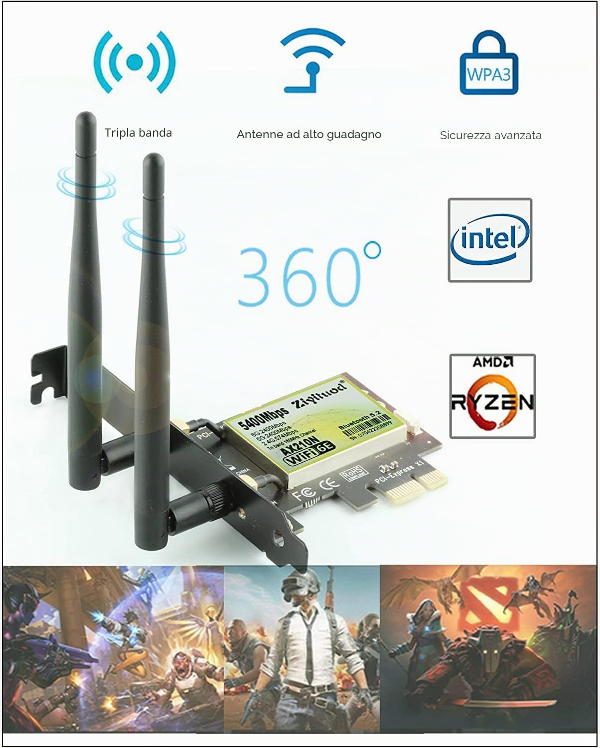 Scheda WiFi 6E 5400Mbps WiFi 6E AX210, Bluetooth5.2, Scheda WiFi 6 PCIe 6G/5G/2.4G Per PC Windows 11/10(64Bit)