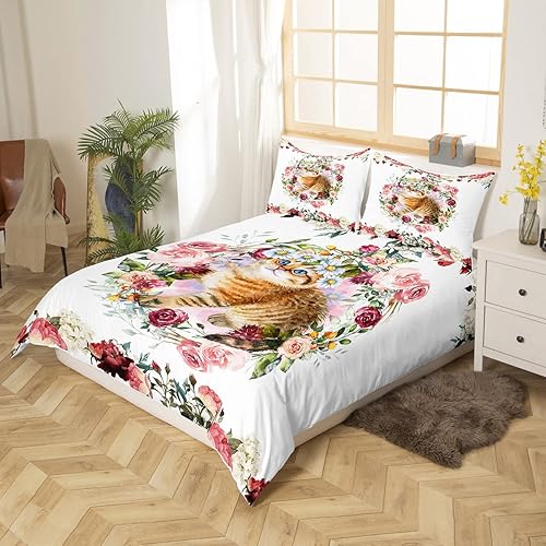 Miniatura 2 de Erosebridal Juego de funda de edredón con diseño de gato y gatito tamaño individual, funda de edredón con temática de animales, juegos de cama