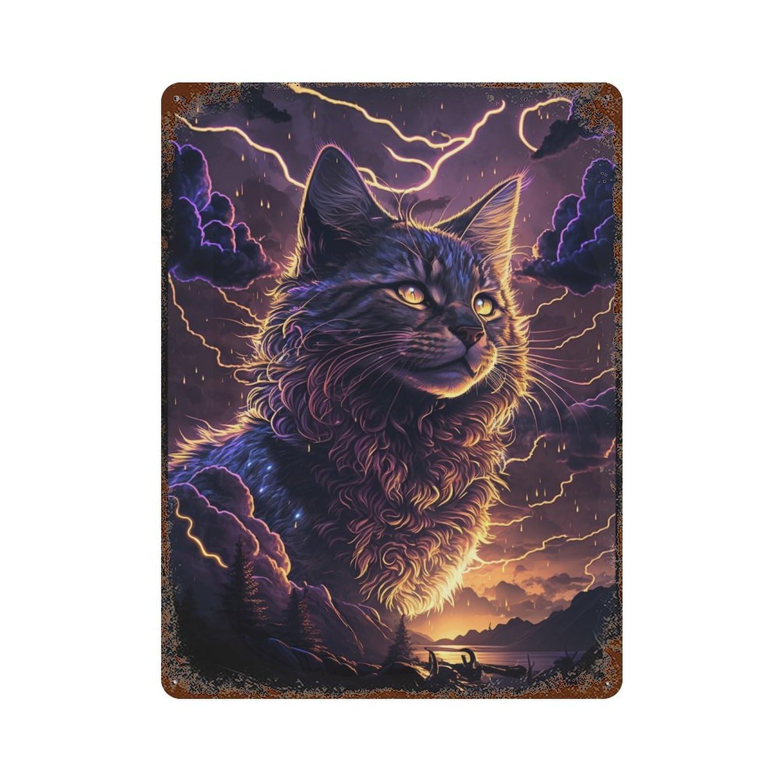 Vintage Rust Metal Sign Thunderstorm Cat Majesty 15.7"x11.8", Industrial Home Decor for Farmhouse, Kitchen And Entryway Decor