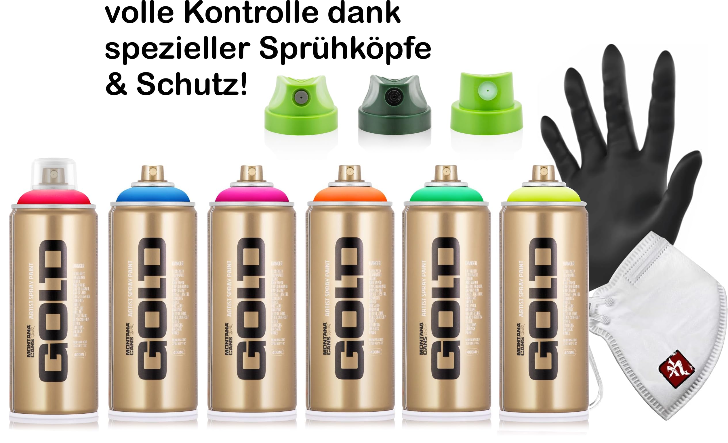 Montana GOLD zestaw puszek z rozpylaczem, 400 ml, 6 kolorów, neonowy, zielony, różowy, pomarańczowy, niebieski, czerwony, żółty, w zestawie 3 głowice natryskowe, maska ochronna i rękawica nitrylowa