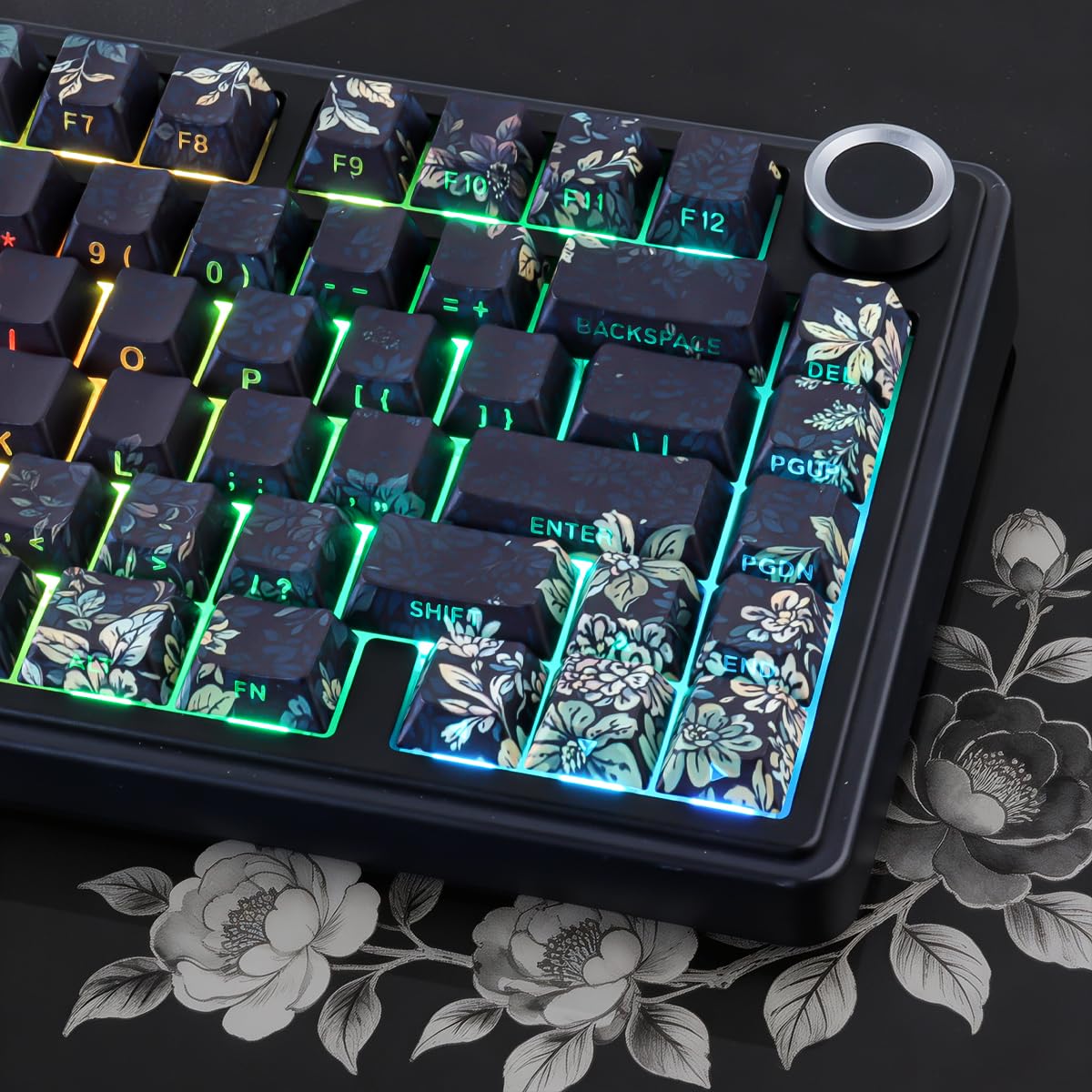 PBT Keycaps, 133 klawisze Plum Blossoms Black Double Shot Keycaps Dye-Sub Cherry Profile Side Printed Shine Through Keycap for Cherry MX Switch Mechanical Keyboard