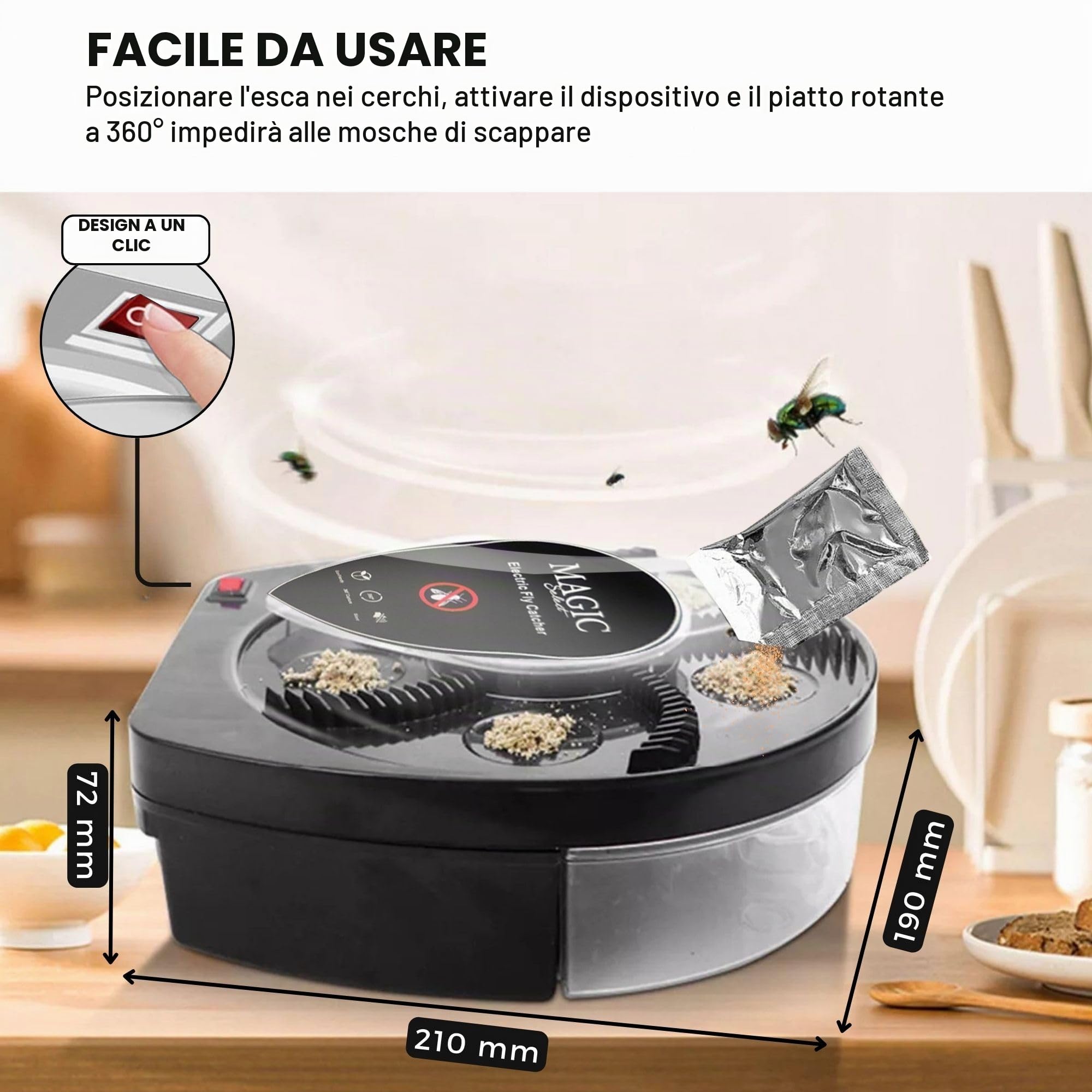 Acchiappamosche Elettrico. Trappola per Mosche Girevole a 360°, Antizanzare per Casa, Cucina, Ristorante, Hotel, Bar, Silenziosa, Batteria da 72 H (Ricaricabile con Cavo USB Inclusi)