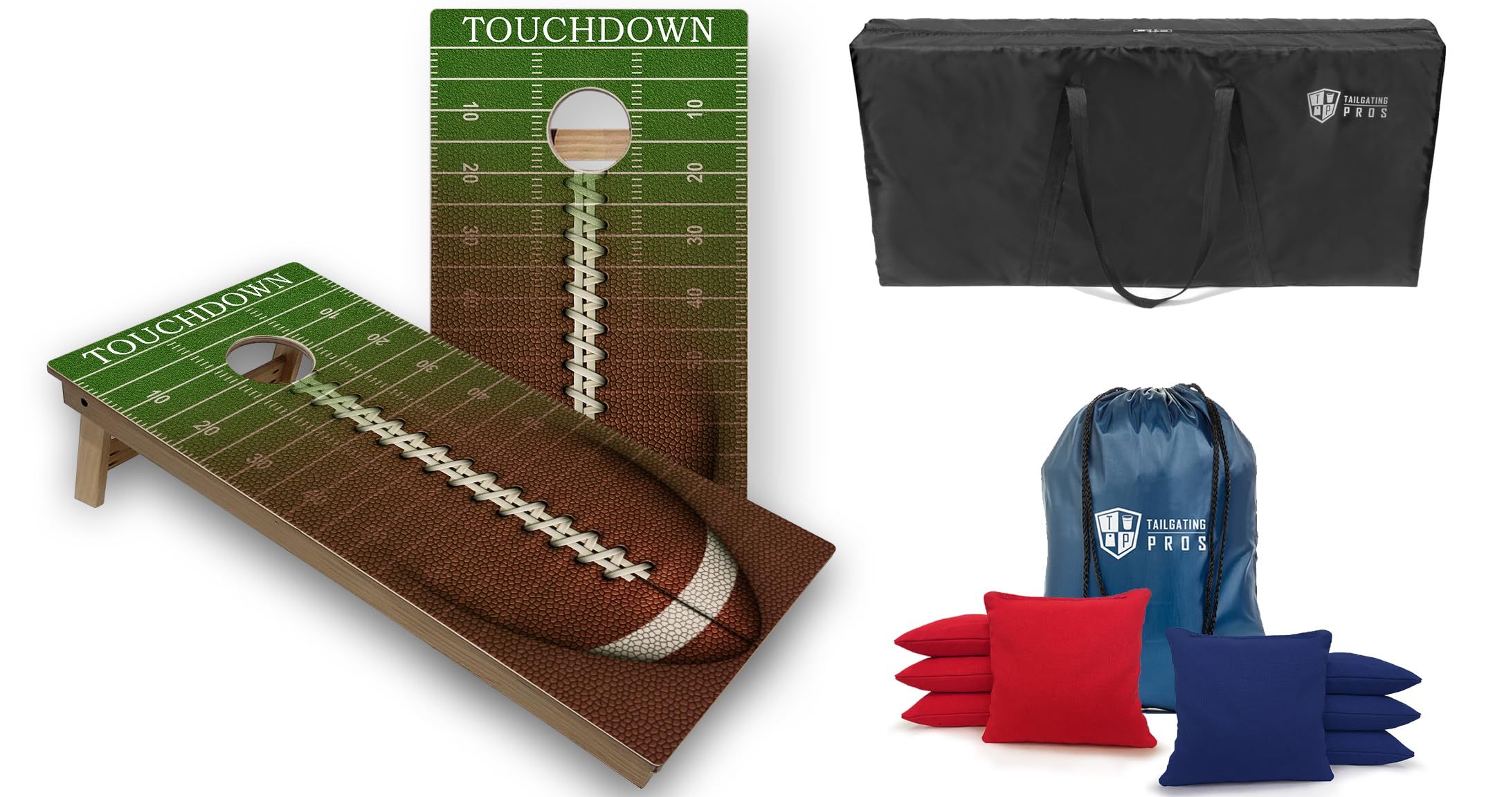 Tailgating Pros Cornhole Boards-4'x2' Cornhole Game w/Carrying Case & Set of 8 Corn Hole Bean Bags w/Tote (4'x2' Football Tournament LEDs)