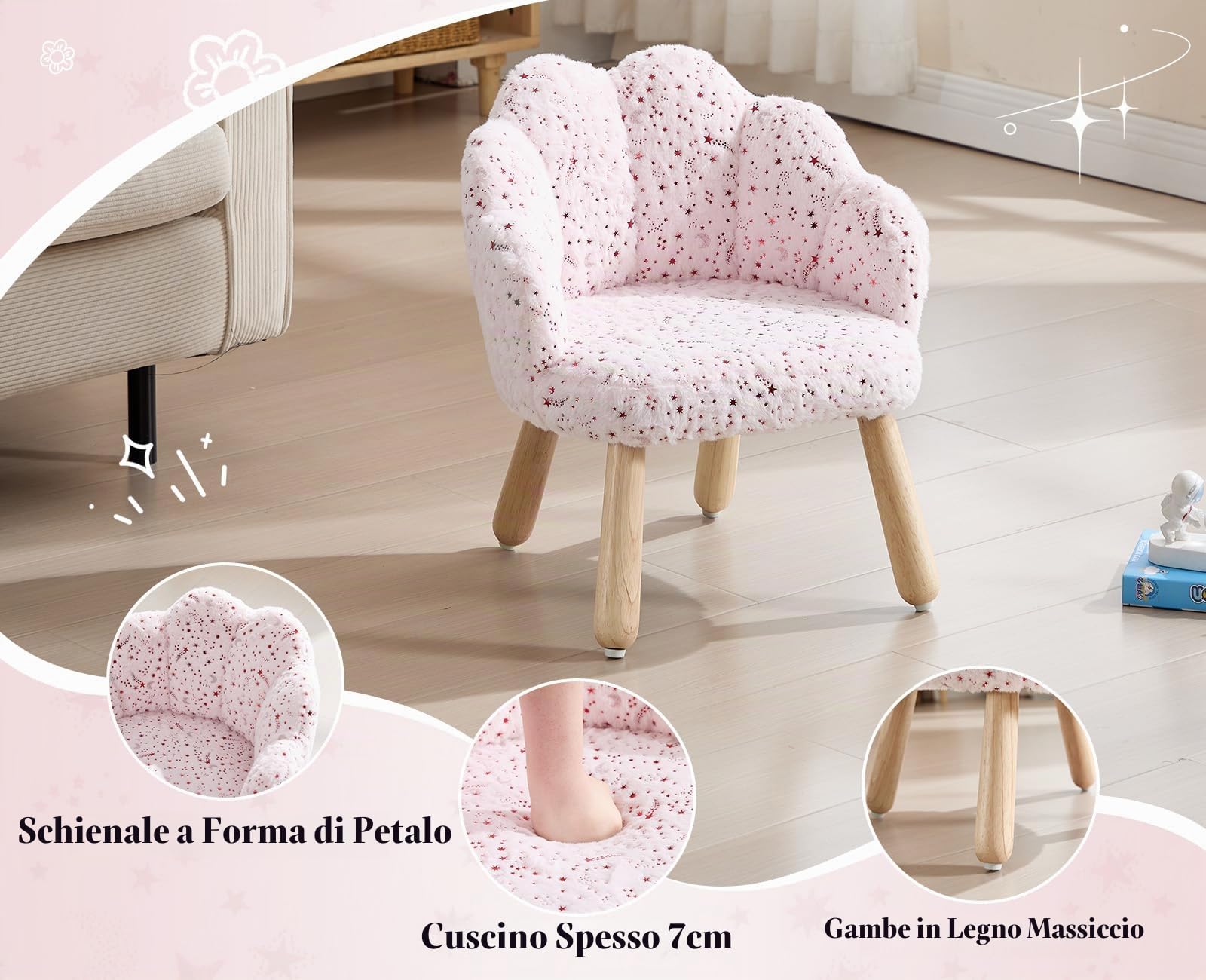 chairus Poltroncina per Bambini in Pelliccia con Gambe in Legno, Rosa