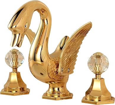 Widespread Bathroom Faucet Swan Design Gold Two Handles 3 Holes 8-16 Inch Bathroom Sink Faucet Lavatory Mixer Tap with Water Supply Hose Deck Mount Bathtub