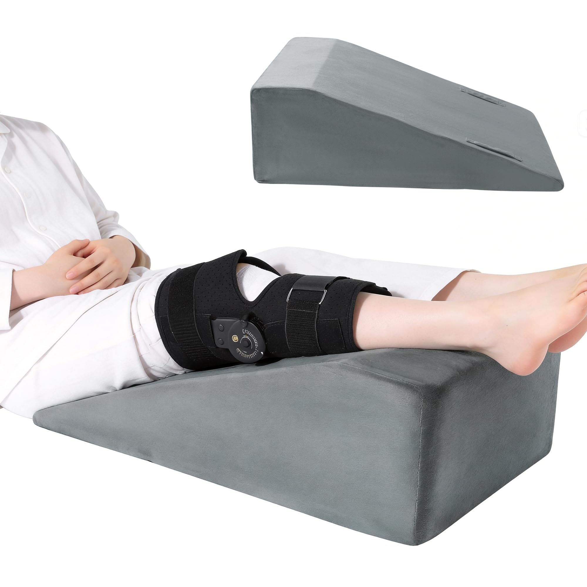 TOPROUD Leg Elevation Pillow with Handle, Memory Foam Leg Support Pillow for Comfortable Elevation, Extra Firm Leg Rest for Hip, Knee, Foot & Ankle Support (both legs)