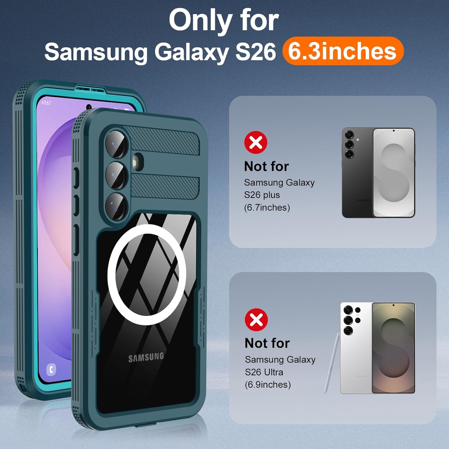GOLDJU for Samsung Galaxy S26 Case Waterproof, Galaxy S26 Case with Built-in Screen & Lens Protector, Shockproof Full Body Protection Phone Case, Compatible with MagSafe/Wireless Charging, Blue