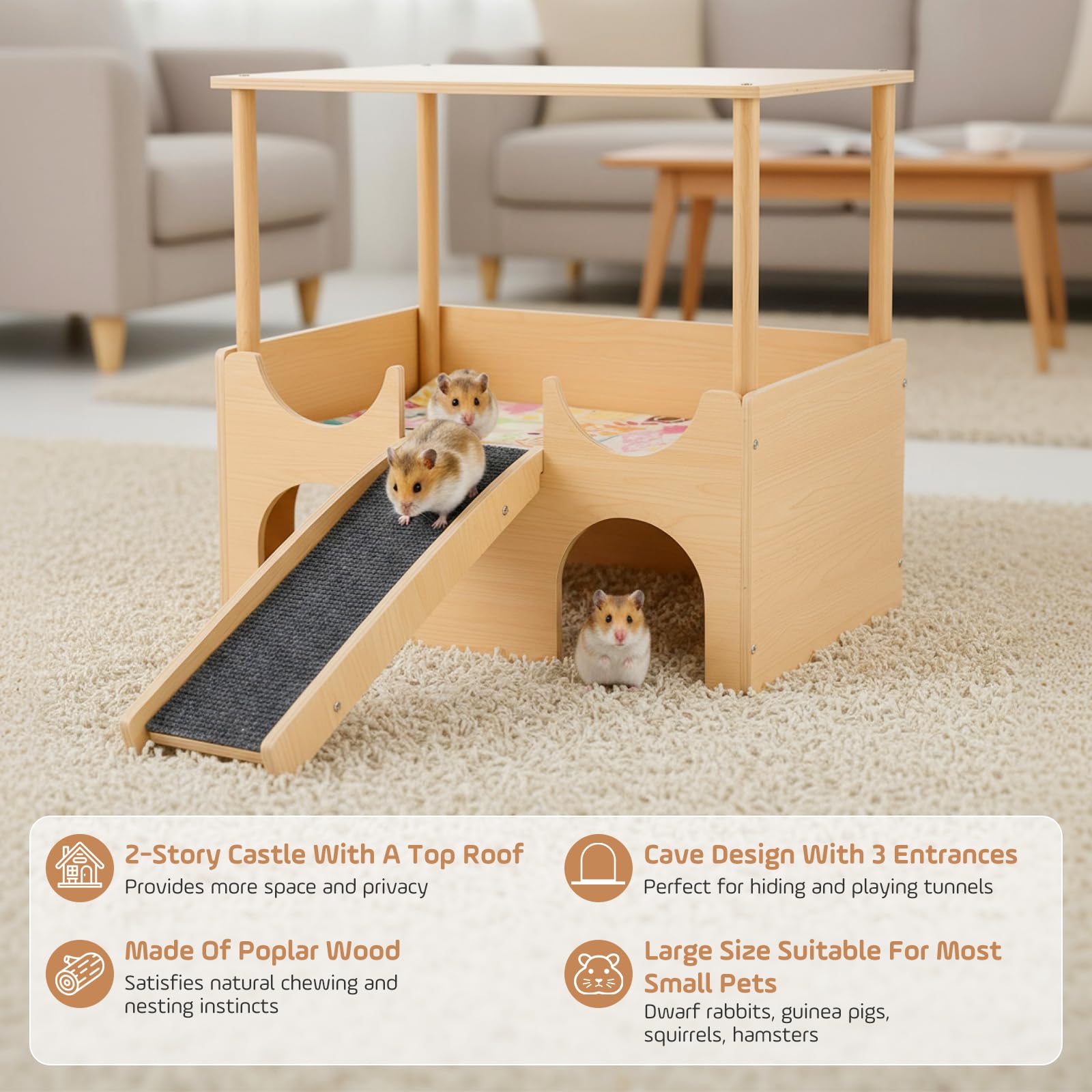 Meerschweinchen Haus aus Holz, 38 x 35 x 26 cm Meerschweinchen Versteck mit Treppe und Matten, Versteck für Kleine Haustiere Hamster Chinchillas Zwerg Degus Stachelmäuse Kaninchen