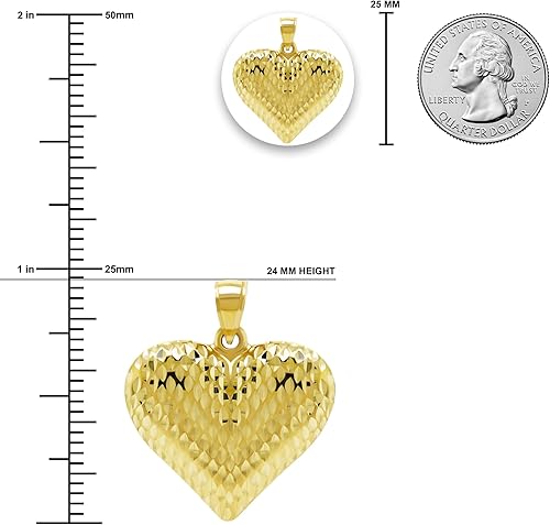 Miniatura 10 de Charm America - Dije de corazón inflado de oro - Oro de 14 quilates - Colgante de corazón de corte de diamante de alto pulido - Joyería de corazón