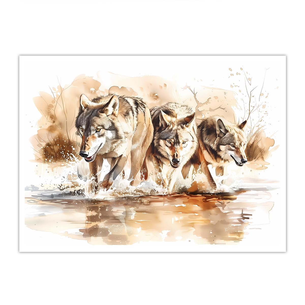 OSHIONARTE Wolf Canvas Painting Picture Wolves at the Shallows Posters and Print Realistic Watercolor Canvas Painting Suitable for Bedroom 30x40cm Frameless