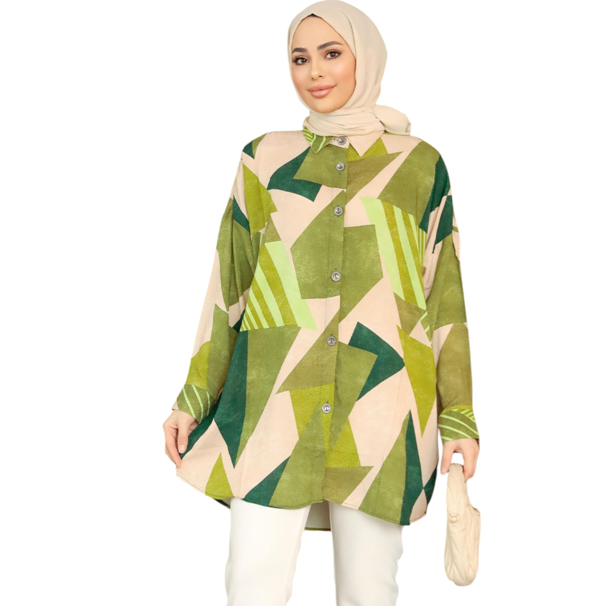 Gufrina Women's Rayon Dress With Long Puff Sleeves Mandarin Collared Neck Tie Die Printed A-Line Style Regular Fit And Knee Length Cream