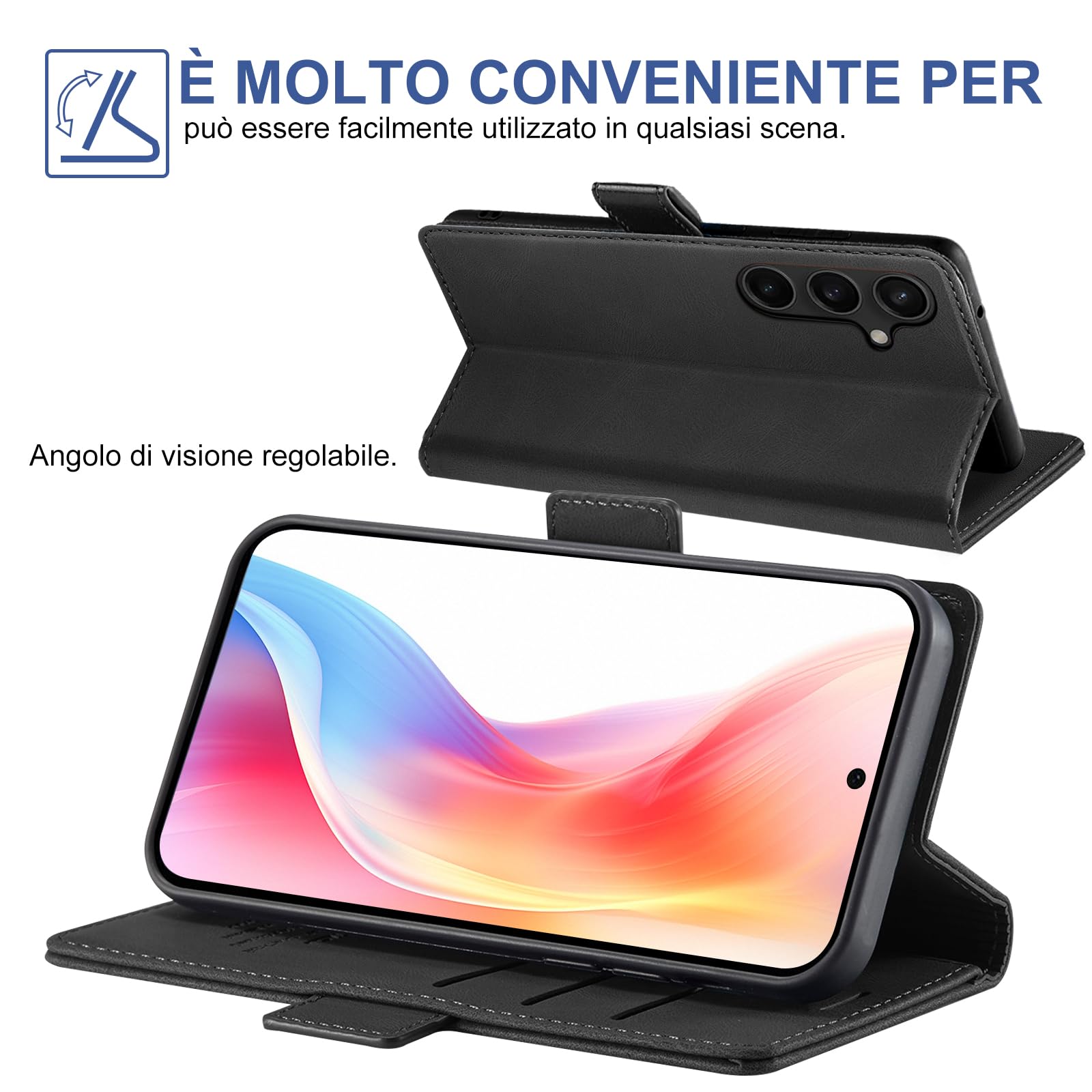 Giyer Cover per Samsung Galaxy S24 Custodia con Vetro Temperato, Premium PU Portafoglio Slot per Scheda RFID Antifurto Funzione Supporto Flip Case, Antiurto per Samsung S24 5G Cover (Nero)