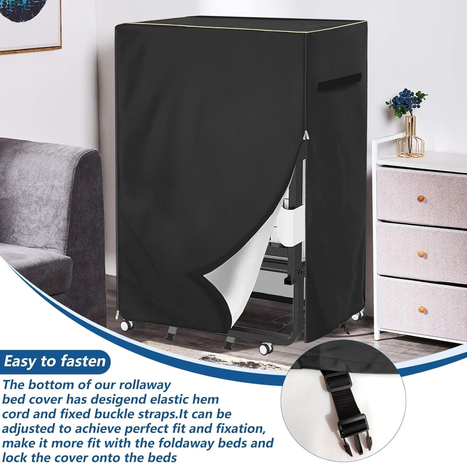 Heavy Duty 600D Folding Bed Cover,Folding Bed Waterproof Dustproof Storage Cover Dustproof with Zippered for 75x54 Inch Rollaway Beds,Black