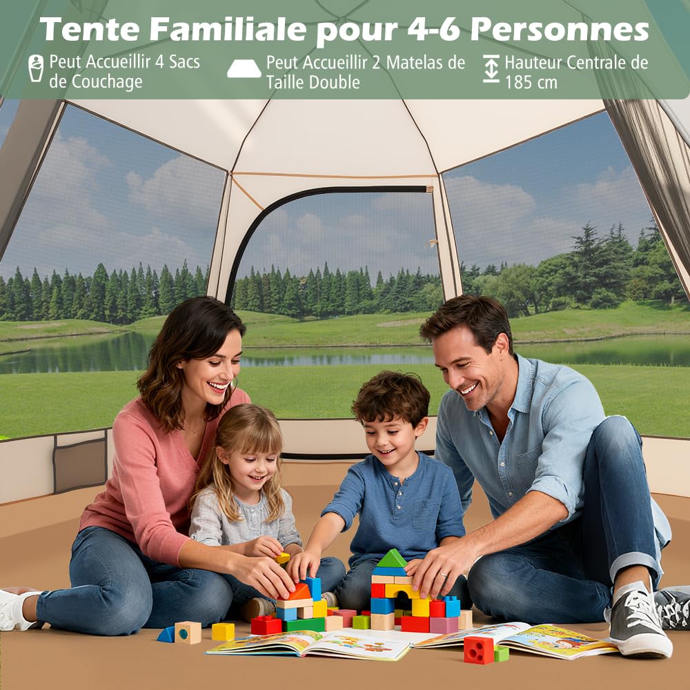 GYMAX Tente de Camping Pop-up avec Pare-Soleil pour 4-6 Personnes, Moustiquaire à 6 Côtés, 2 Entrées, Ouverture à Fermetures Éclair Doubles, 330 x 270 x 200 cm