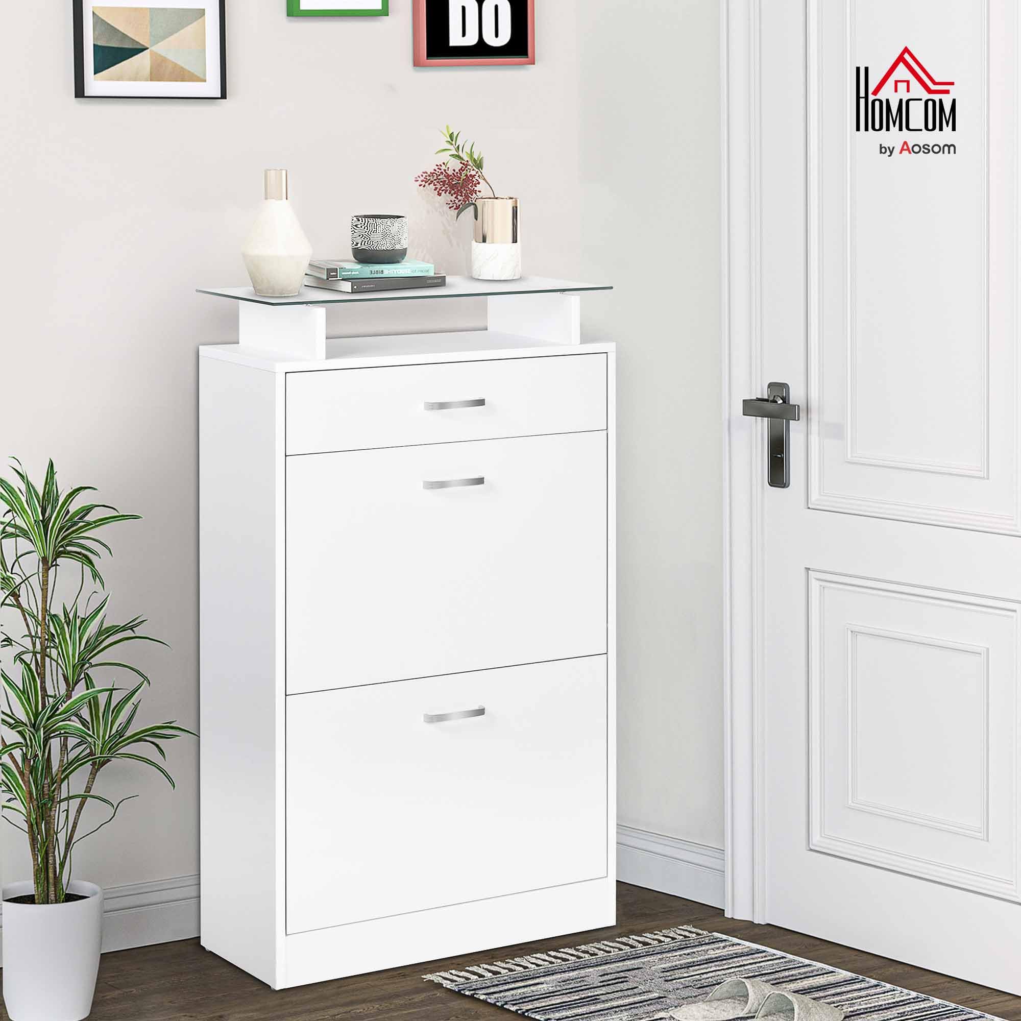 HOMCOM Mueble Zapatero Armario Zapatero con 3 Cajones Estante de Vidrio y Asa de Aluminio para Pasillo Entrada Carga 50 kg 60x24x105,5 cm Blanco