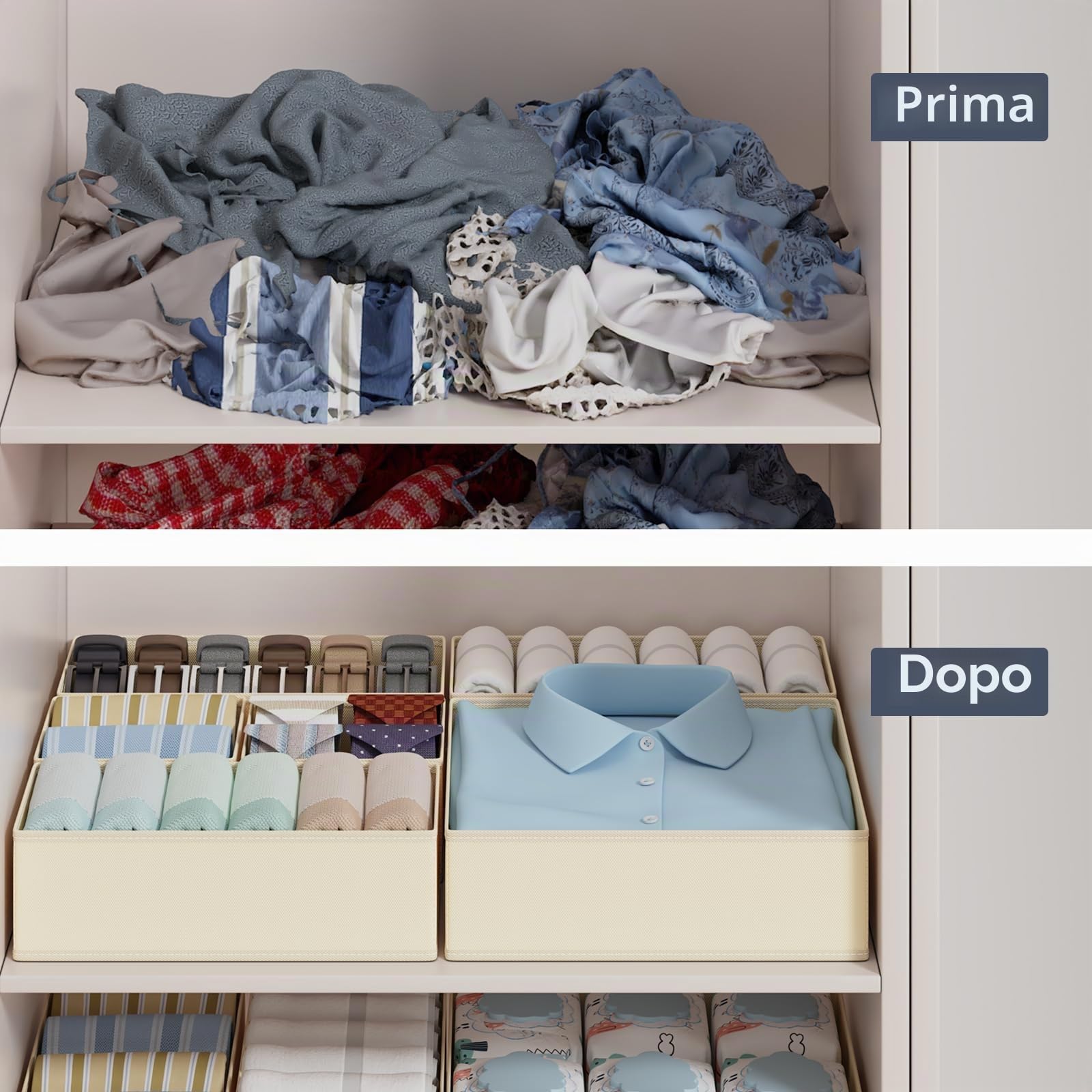 Homsorout Organizer per Cassetti Armadio - Divisori per Cassetti Contenitori per Guardaroba Organizzatore Cassetti per Calze, Pantaloni, Biancheria Intima, 12 Pezzi Beige | Organizer per cassetti, pieghevole, in tessuto, adatto per cassettiera, calze, reg