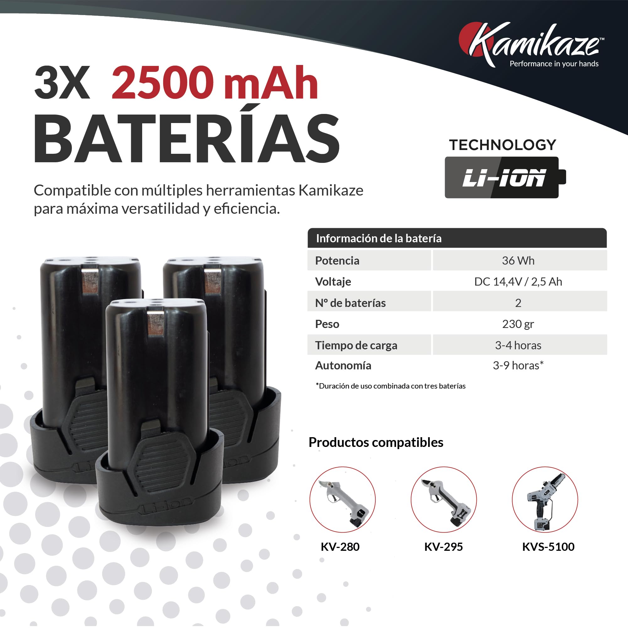 KAMIKAZE KV362 Tijera de podar eléctrica profesional. Podadora eléctrica. Tijeras batería de 14,4V. Sin cable. 35mm Ø. Tijera profesional. Incluye maletín. Indicador de carga y cortes.