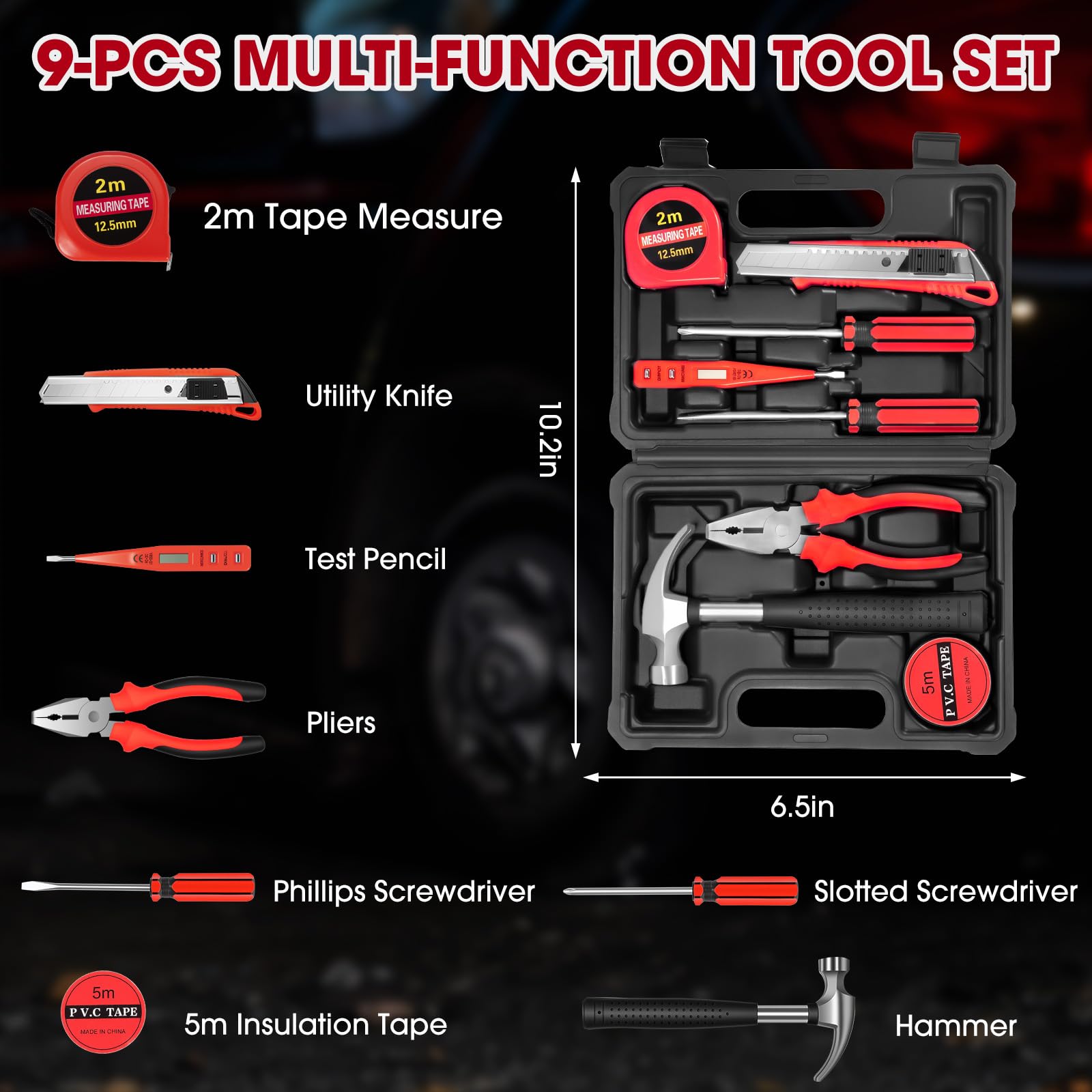 Car Emergency Kit - Roadside Assistance Kit with 10FT Jumper Cables, Tow Strap, Tool Kit, Reflective Warning Triangle, Road Trip Essentials, for New Drivers, Teens
