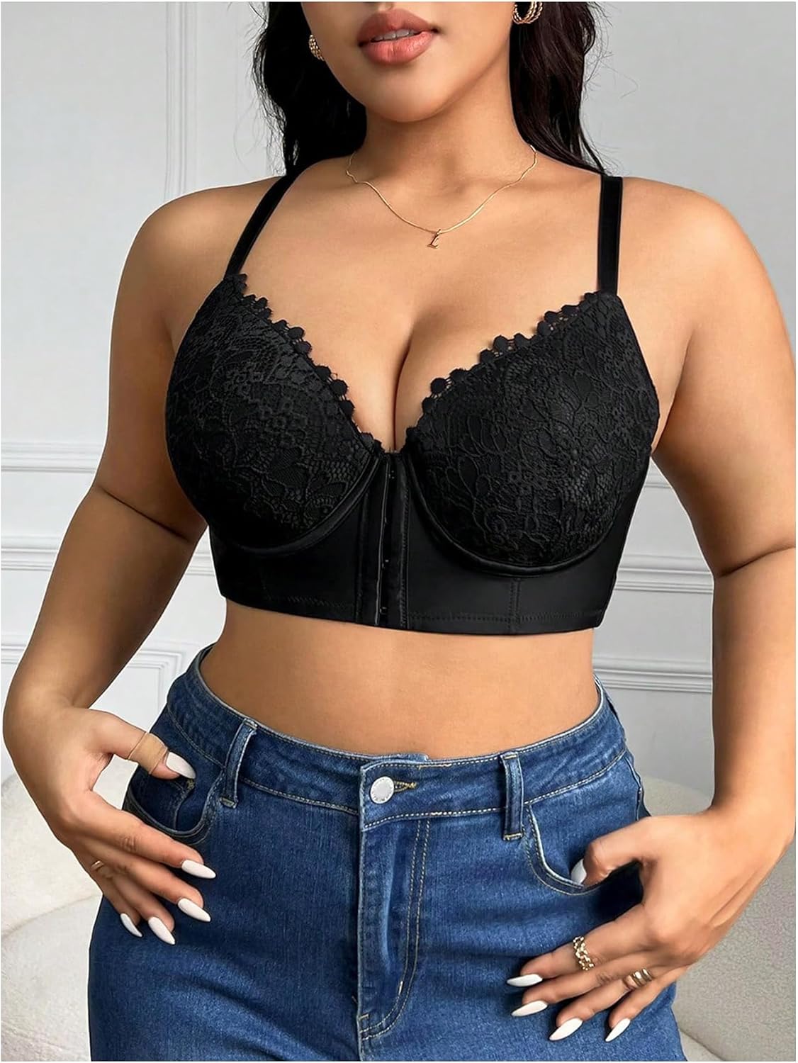 WDIRARA Women's Plus Size Front Closure Lace Bralette V Neck Push Up Sexy Bras High Support Bra - Image 5