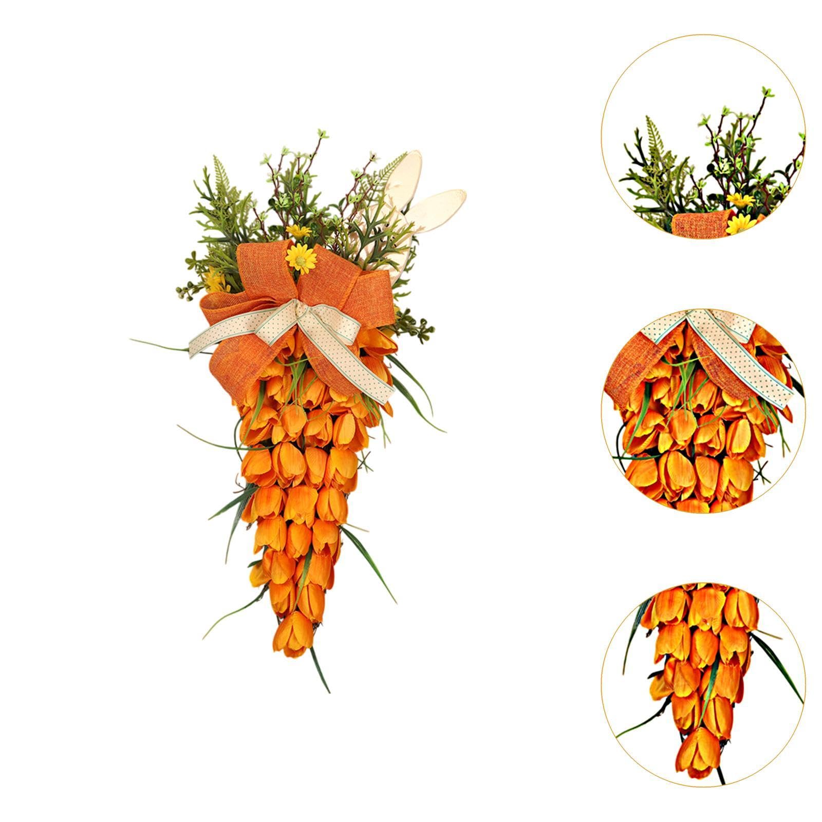 Ghirlanda Pasquale Decorazione Sospesa Tulipano Carota Teardrop Fiori Artificiali con Rattan Tessuto Pp Adatta per Parete Celebrazi, Grande con coniglietto