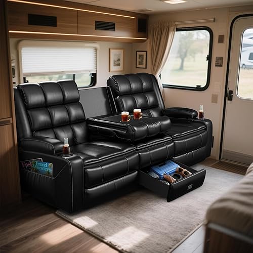 RV Recliner Sofa, Reclining Sofa 3 Seater Couch, Recliner Couch with Drop Down Table with Cup Holder, PU Leather Couches with 2 Layers Cushion for Motor Home & Trailers, Manual RV Sofas
