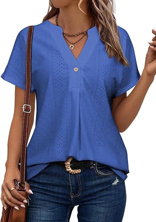 Astylish Womens V Neck Blouses Casual Short Sleeve Buttons Hollow Out Fashion Shirts Tops Dressy