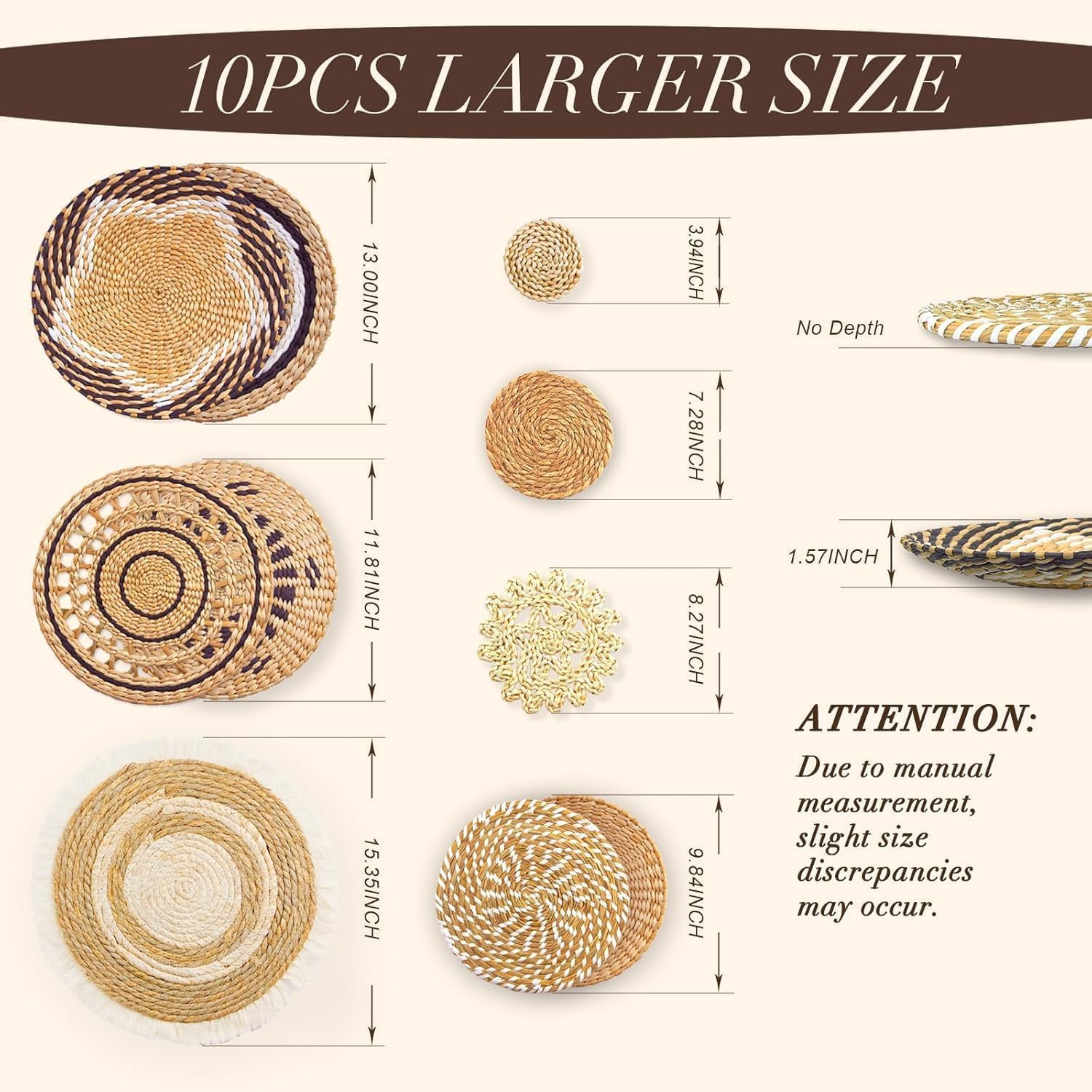 10 Pack Boho Wall Decor, 15 Inch Wall Basket Decor Round Handmade Hanging, Rattan Woven Wall Basket Decor for Living Room, Rustic Flat Elegant, Farmhouse, Bedrooms, Table Settings, Kitchen Home