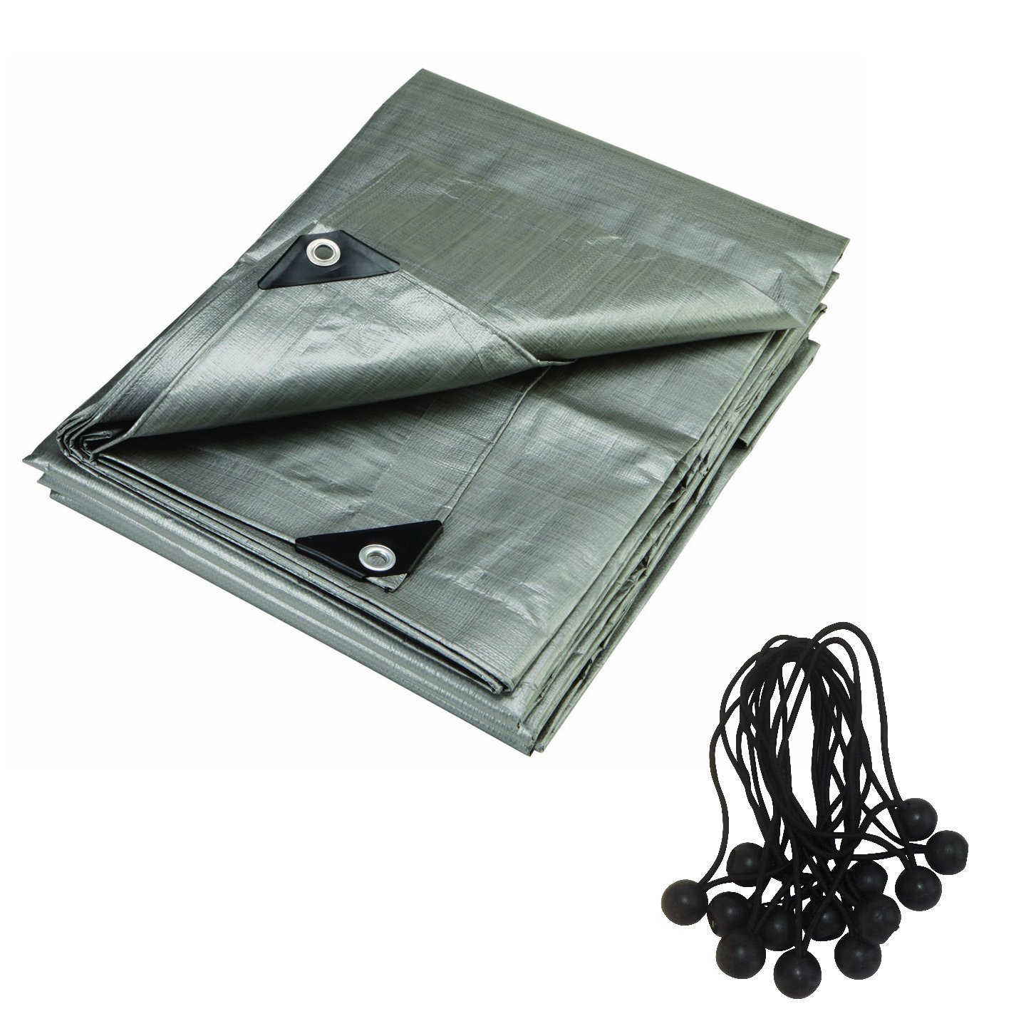 RMS 12 x 16 Foot 16 Mil Super Heavy Duty Gray Contractors Tarp with 25 Ball Bungees. 8 Oz (380 GSM) Uv Protecting