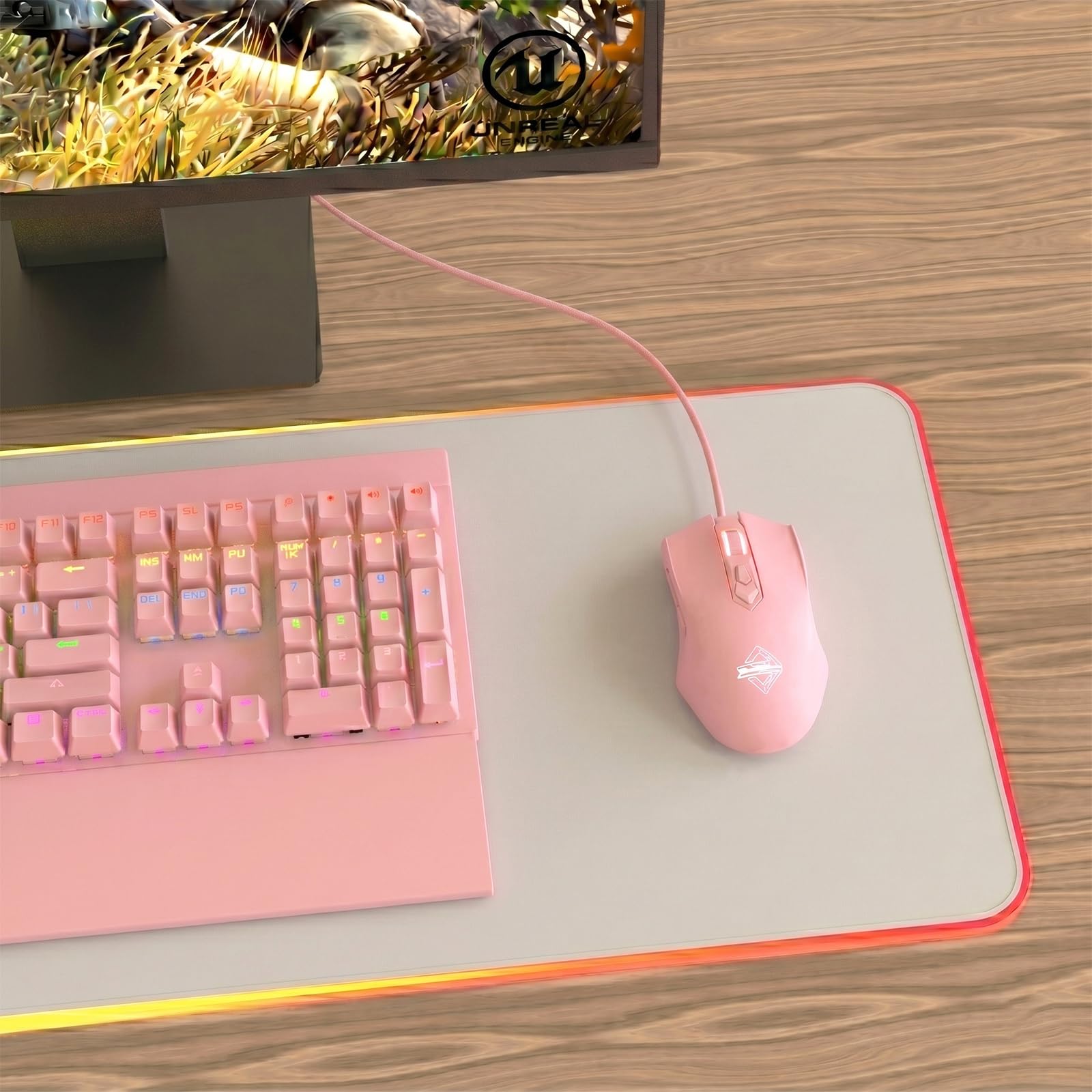 Lomiluskr AJ52 przewodowa mysz do gier, 7 programowalnych przycisków, myszy komputerowe z podświetleniem RGB LED, regulacja 200-4800 DPI, do Windows/Mac OS/Linux (różowa)