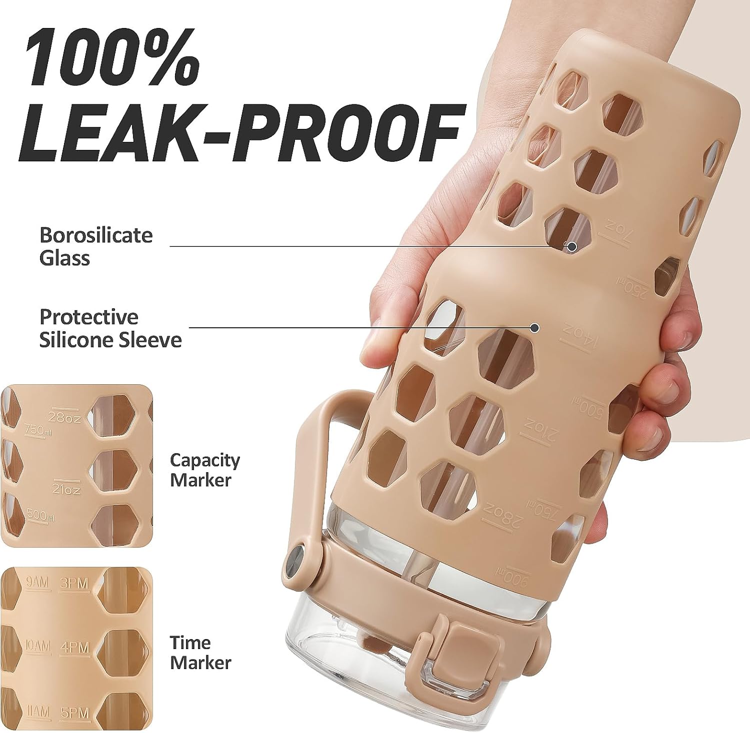 MUKOKO 32 oz Glass Tumbler with Straw,Glass Water Bottles with Time Marker,Iced Coffee Cup with Silicone Sleeve,Motivational Drinking Bottles,Leakproof-Amber