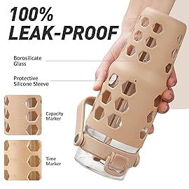 MUKOKO 32 oz Glass Tumbler with Straw,Glass Water Bottles with Time Marker,Iced Coffee Cup with Silicone Sleeve,Motivational Drinking Bottles,Leakproof-Amber