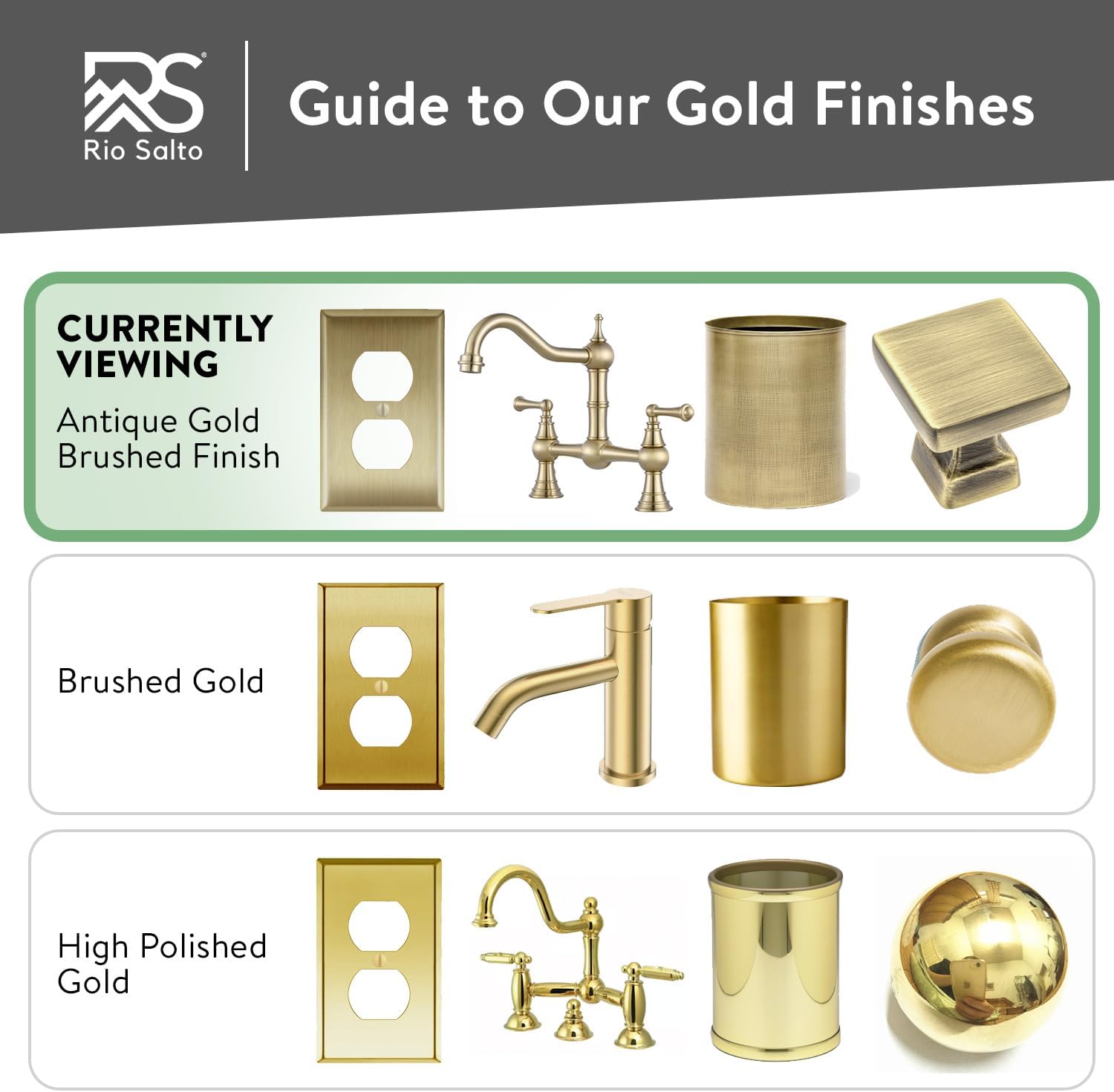 Rio Salto BRASS Antique Gold Metal Gold Light Switch Wall Plate STANDARD SIZE Outlet Cover Wall Plate Wallplate Single Receptacle Rocker Cover 1 Gang Decoration 4.50" x 2.76" (Rocker, 1-Gang, 5-Pack)