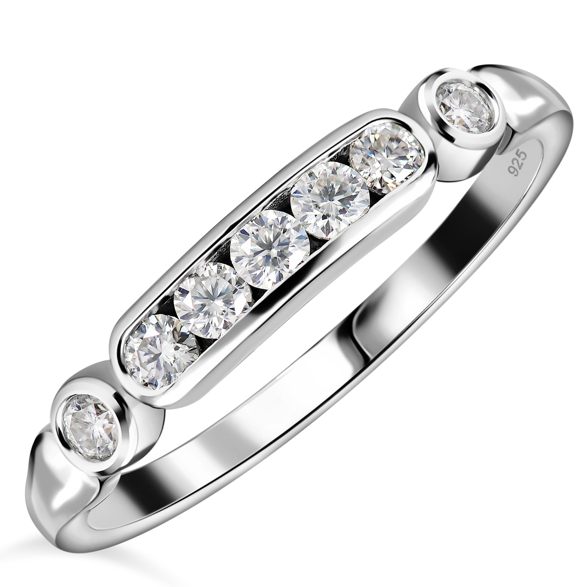 TJC Anillo de media eternidad de moissanita en plata 925 chapada en oro y platino, anillos de boda para mujer, regalo de joyería de siete piedras