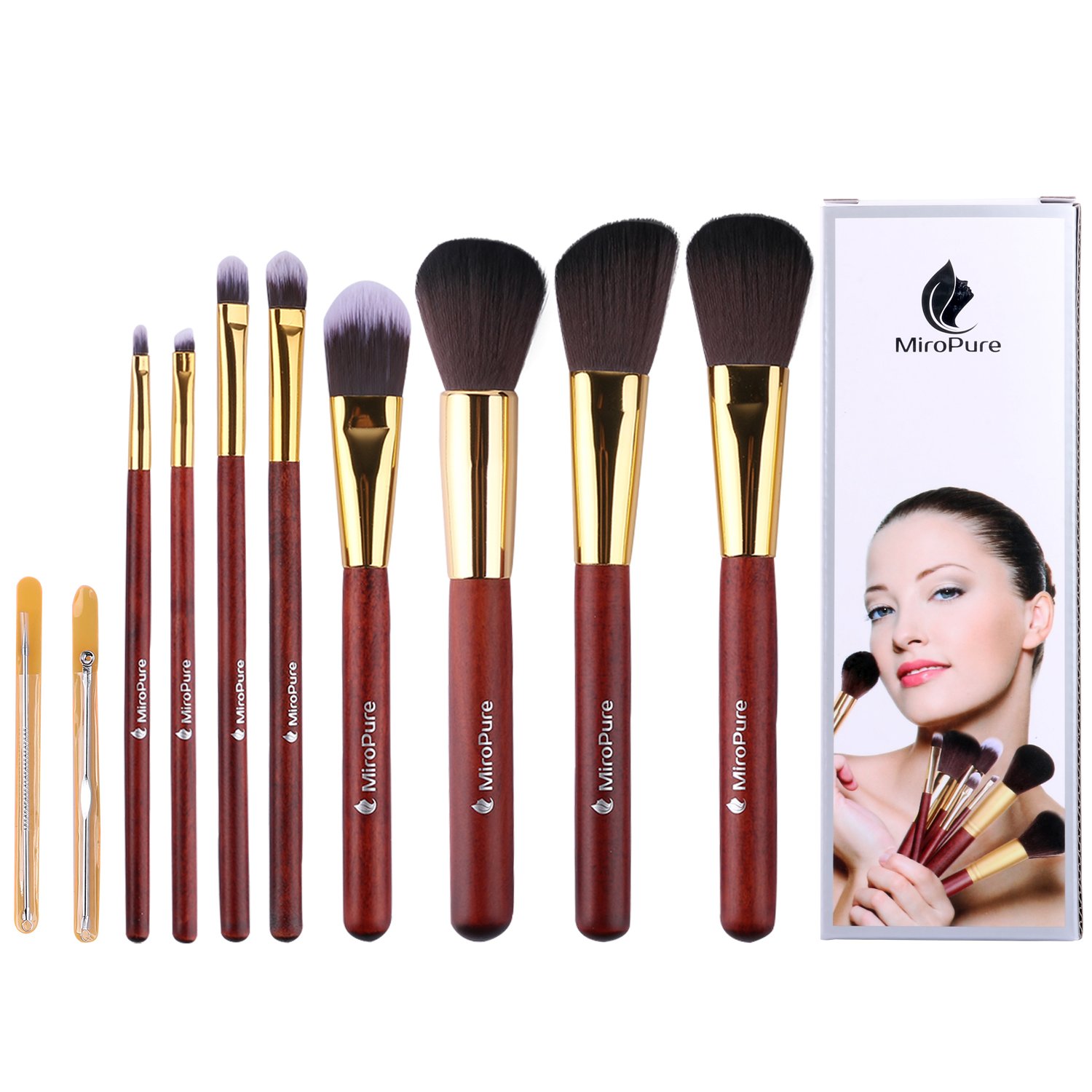 MiroPure Makeup Brush Set Professional Kabuki Cosmetics Foundation Face Eyeliner Concealer Blush with Ear Pick and Acne Needle (8 pcs, Golden Carmine)