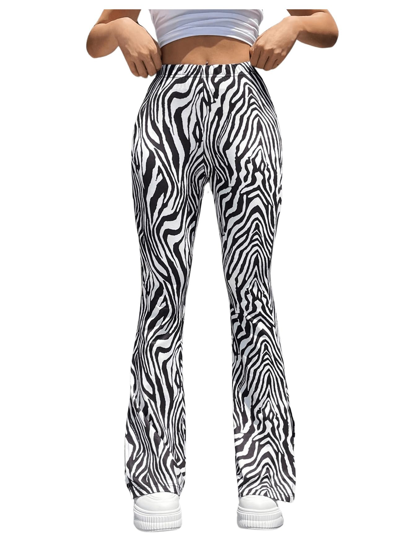 OYOANGLE Womens Graphic Print Elastic High Waisted Flare Pants Side Split Skinny Long Pants Trousers