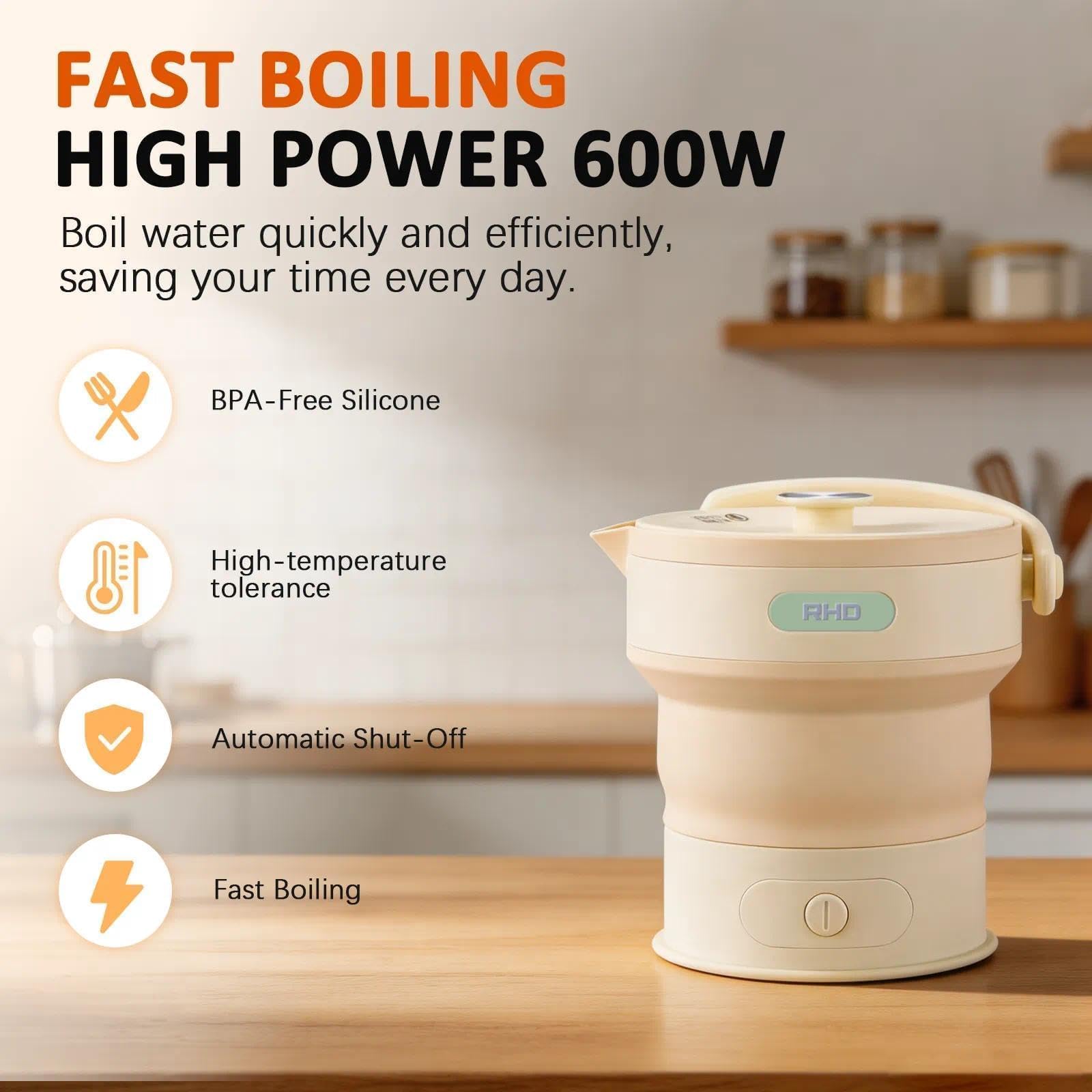 RHD Bouilloire Électrique Pliable 0.6L 600W sans BPA Silicone Jaune | Compact et Gain de Place, Arrêt Automatique, Chauffage Rapide, Léger et Portable pour Voyage, Bureau et Dortoir