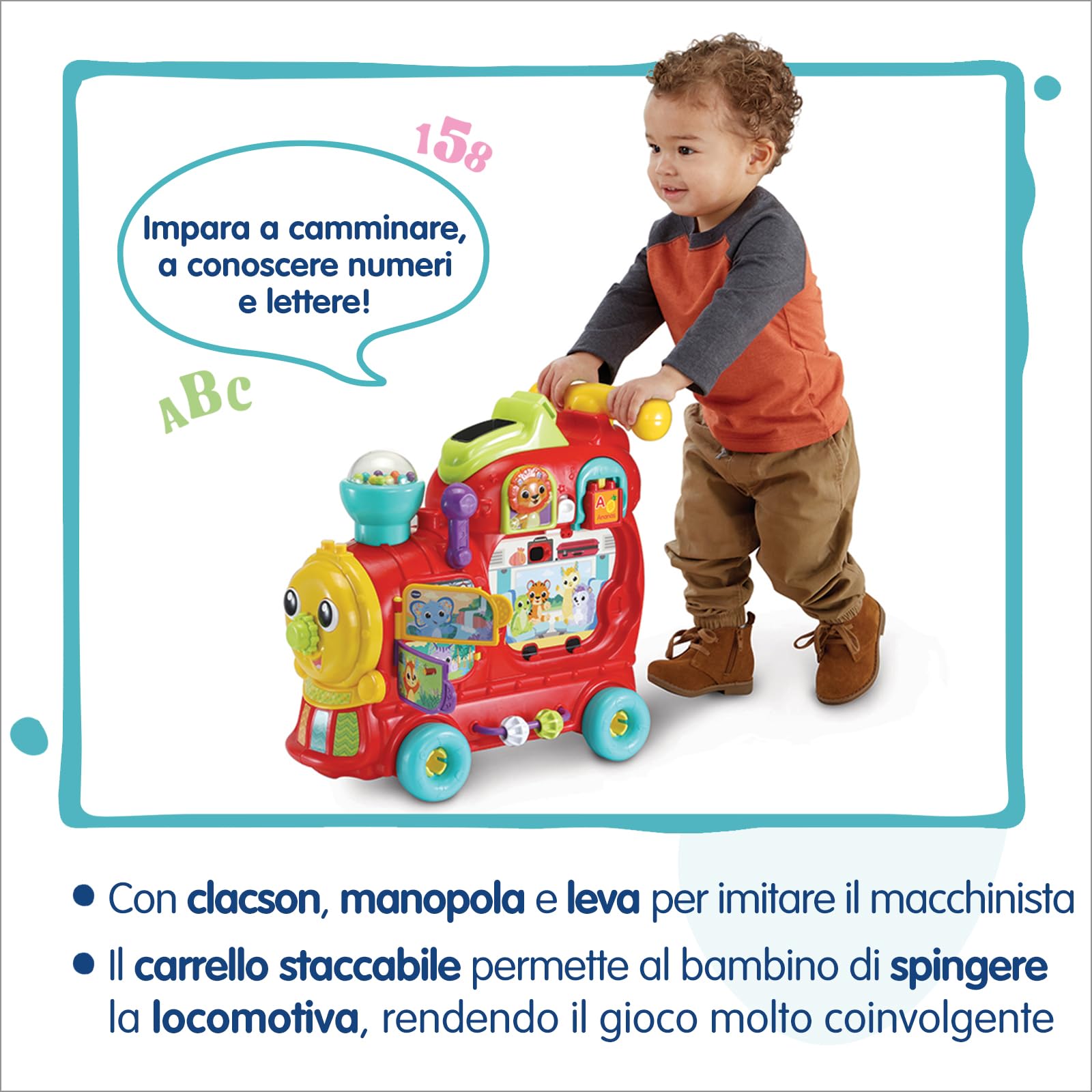 VTech Edo, Maxi Treno Cavalcabile, Trenino Elettrico e Giocattolo Multiattività 7 in 1, Gioco Forme con Oltre 270 Suoni, Melodie e Blocchi Educativi, Lingua Italiana, Batterie Incluse, 12-36 Mesi