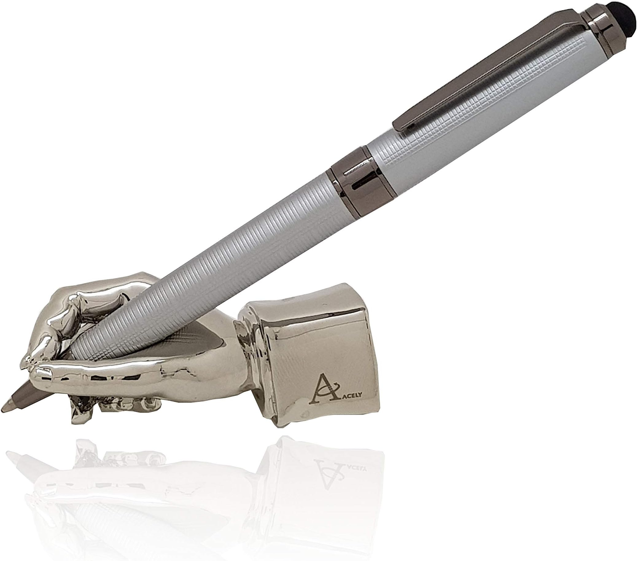 ACELY Executive solid heavy hand shape pen holder metal art craft paperweight for desktop organizer pen stand decoration (Silver)