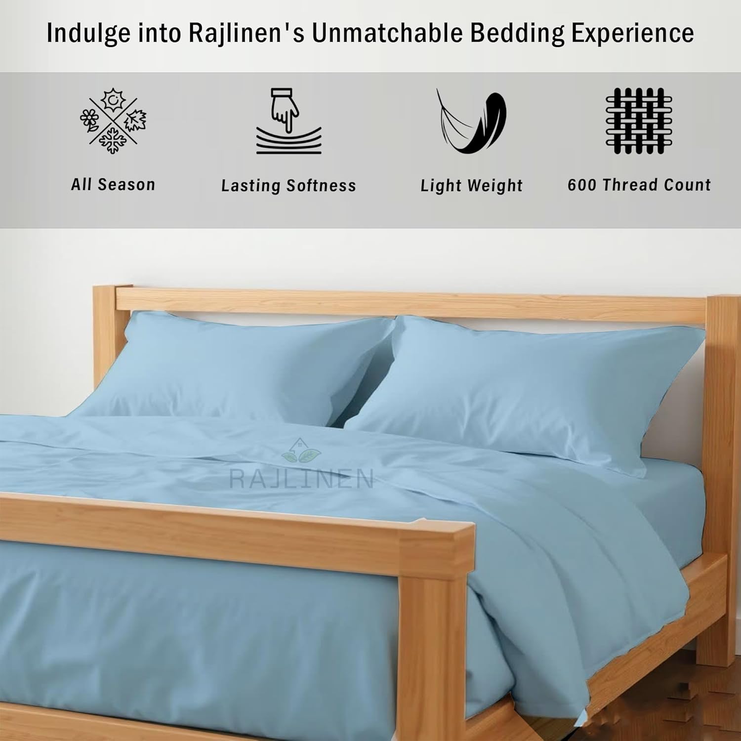 Rajlinen King/California King Waterbed Sheets Set, Cotton, Fits Up to 16 Inch Deep Pockets, Attached Fitted and Flat Sheets, 4 Piece, Soft, Cooling, Light Blue Solid