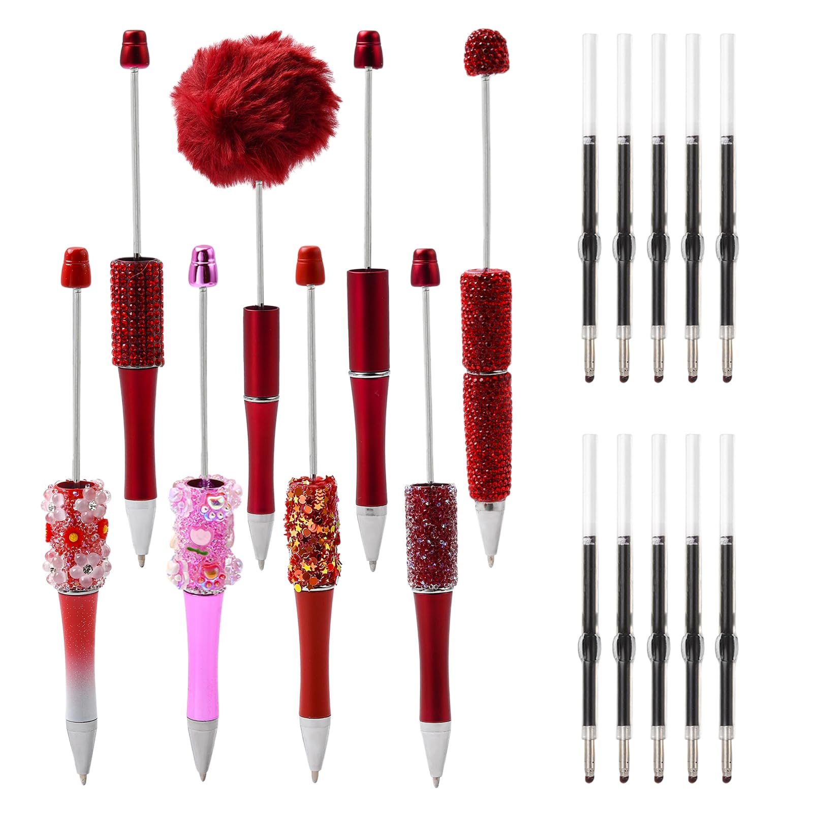 HUAAPLEVLA 8 Pcs Rhinestone Beadable Pens Bulk Glitter Plastic Beaded Pens with Refills for DIY Pen Making Supplies Office Staff School Teacher Students Gifts(Red)