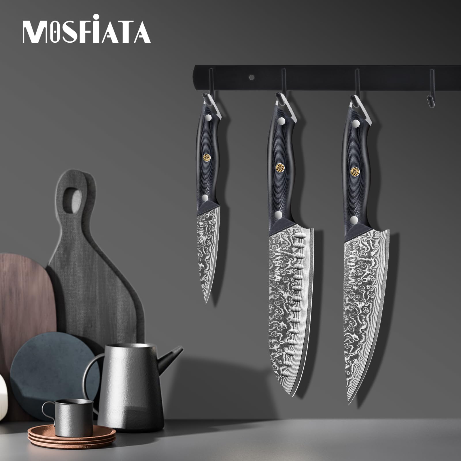 MOSFiATA Zestaw noży damasceńskich, nóż szefa kuchni 20 cm, nóż Santoku, 8 cali, nóż do owoców, stal damasceńska VG10, zestaw upominkowy z ochroną palców i ściereczką